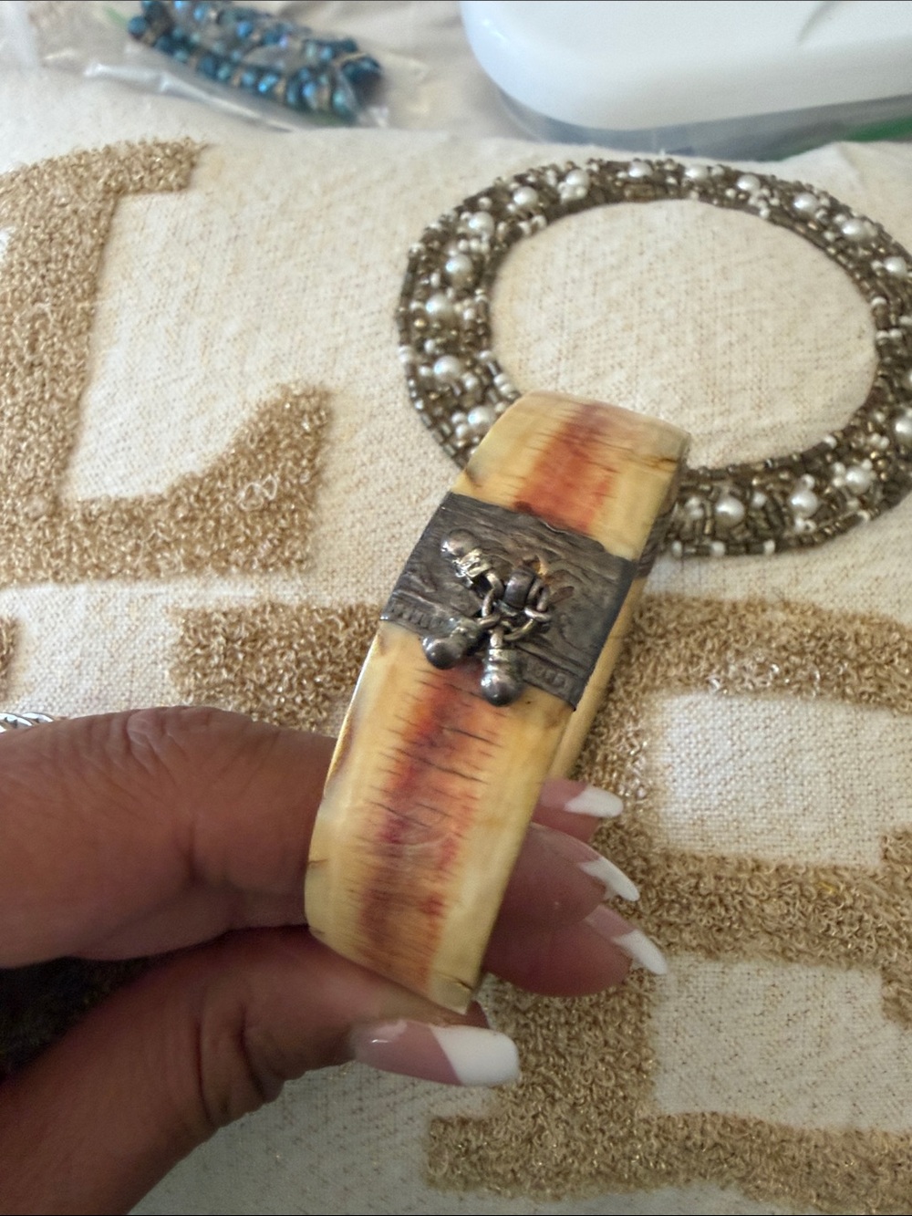 Antique Ivory and Reddish-Brown Resin Bracelet with Silver Accent
